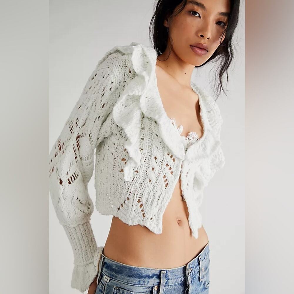 Free people gray white open knit ruffle cardigan sweater
